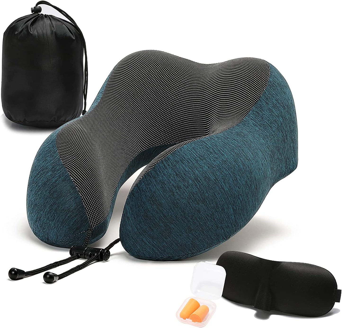 Travel Pillow, 100% Memory Foam Neck Pillow with Comfortable Breathable Cover, Airplane Travel Kit Cooling Pillow with 3D Eye Mask, Ear Plugs and Organizer Bag, Machine Washable, Grey/Blue (Green)